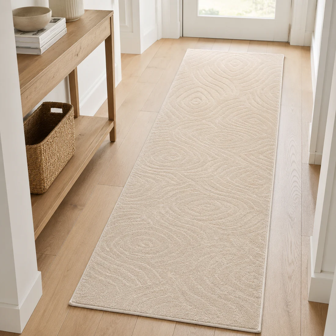 Serenity Soft Ripple Ivory runner styled in a hallway