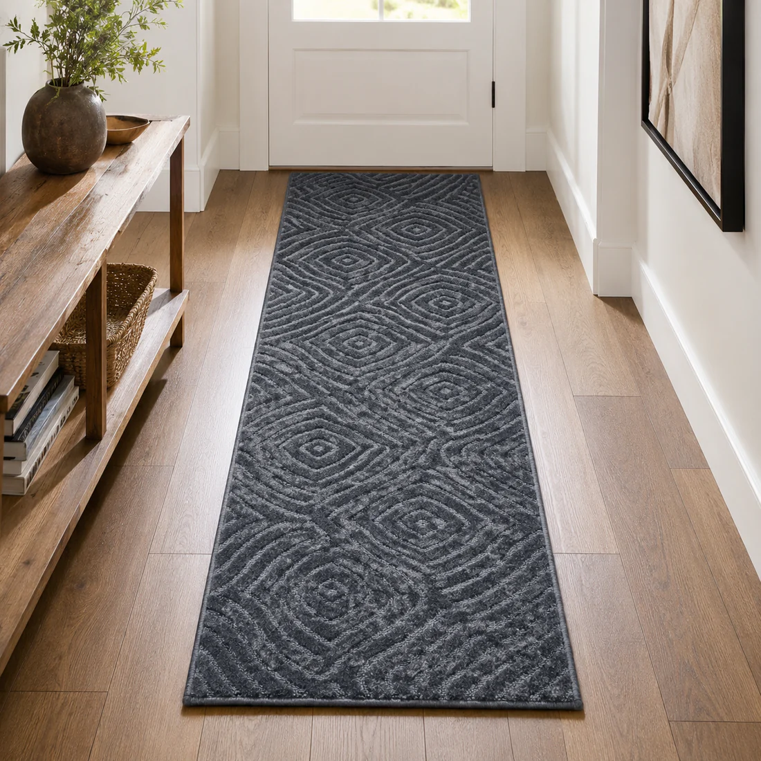 Serenity Soft Ripple Midnight runner styled in a hallway