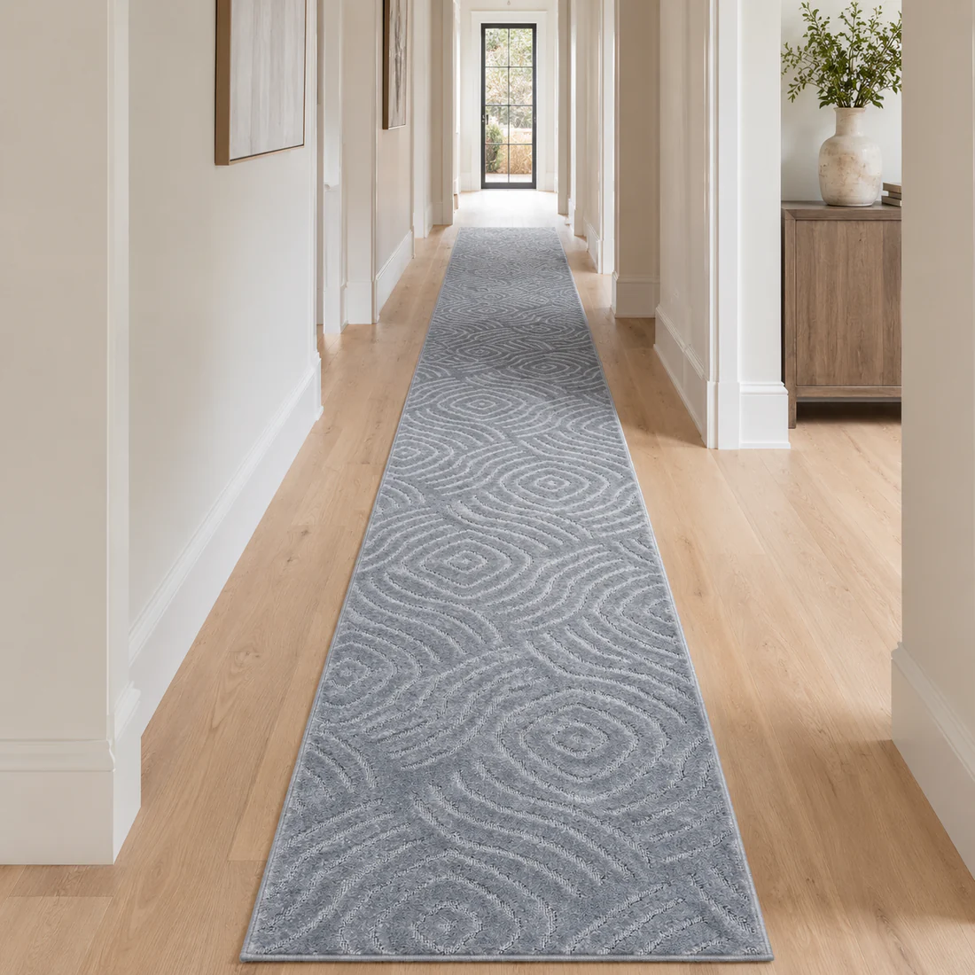 Serenity Soft Ripple Silver runner styled in a hallway