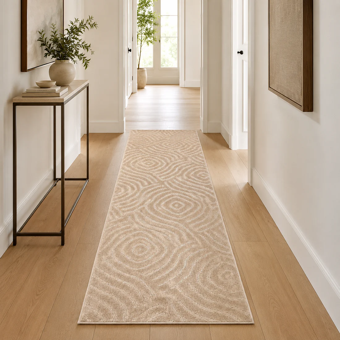 Serenity Soft Ripple Truffle runner styled in a hallway